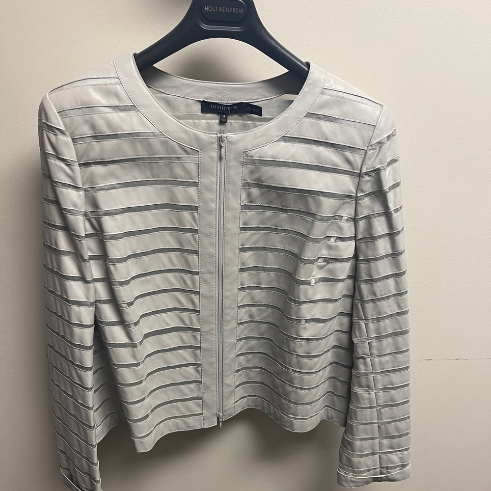 Brand New Lafayette light grey short Leather jacket with mesh strips. Sz 16